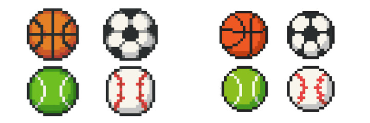 Colorful pixel art sports balls including basketball, soccer, tennis, and baseball displayed in pairs on a bright background