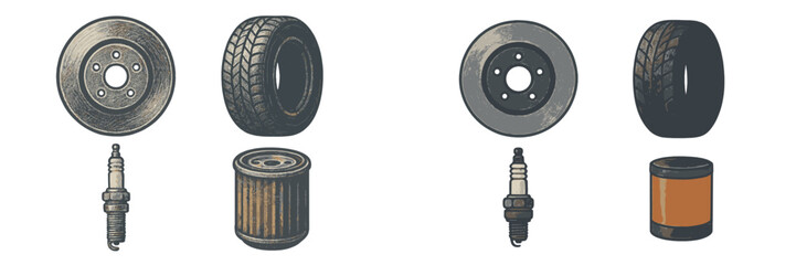 Collection of vehicle parts including tires, filters, and spark plugs displayed for maintenance and repair purposes