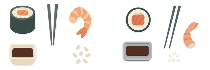 Fototapeta premium Sushi and shrimp arranged neatly with chopsticks on a simple table setting for a casual dining experience