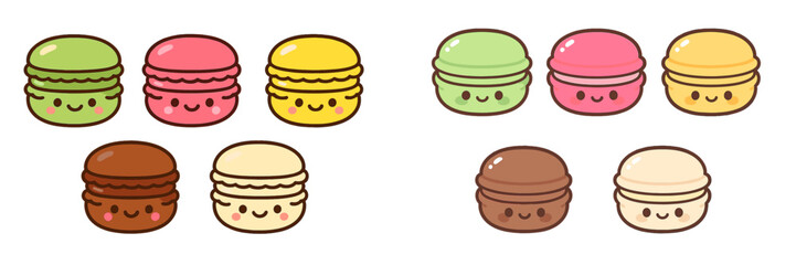 Cute cartoon macarons in various colors with smiling faces on a simple background