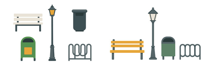 Urban park features including benches, streetlights, and trash bins arranged for public comfort and cleanliness