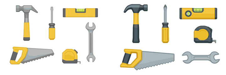 Various hand tools used for construction and repair tasks displayed on a plain background