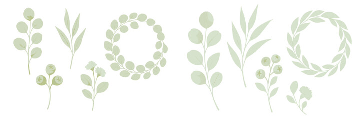 Green botanical elements featuring various plants and leaves for decoration and design purposes © Artstock