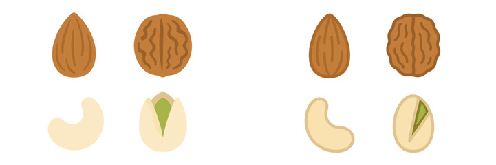 Different kinds of nuts arranged on a white background with detailed features highlighting their outer shells and inner contents