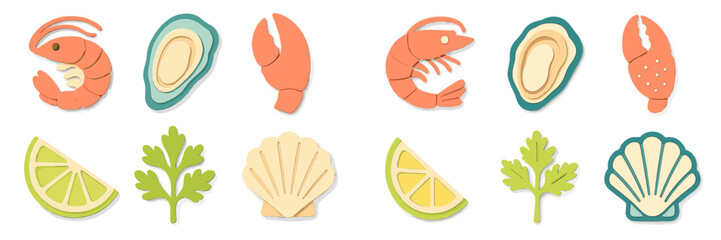 Colorful seafood and citrus illustrations arranged creatively for culinary inspiration and design ideas