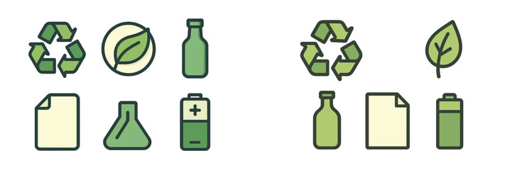 Icons representing recycling and sustainability practices with bottles, paper, and batteries depicted in green colors on a light background