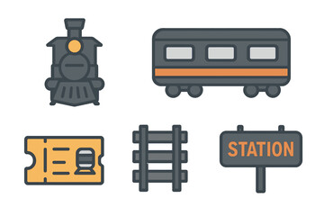 Train station scene featuring locomotive, coach, ticket, tracks, and sign in simple design