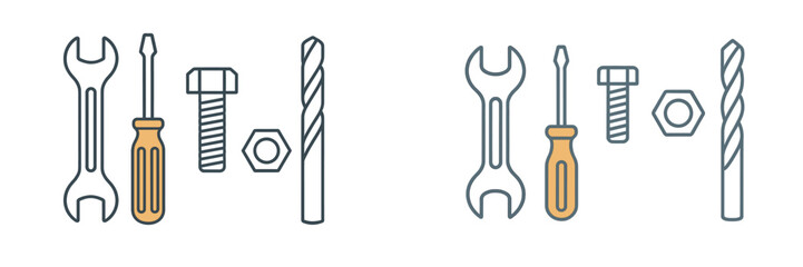 Collection of tools including wrenches, screws, and drills displayed on a white background in a simple layout