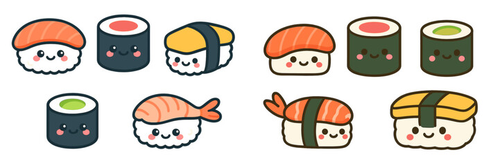 Cute illustrated sushi characters in a colorful and playful design for food lovers