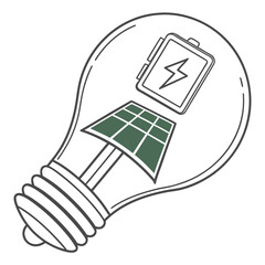 Creative light bulb illustration symbolizing renewable energy with solar panel and battery icons