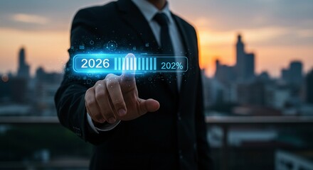 Close-up of a businessman's finger touching a 2026 digital progress bar with 202% displayed, illustrating overachievement, ambitious targets, and futuristic technological business concept during sunse