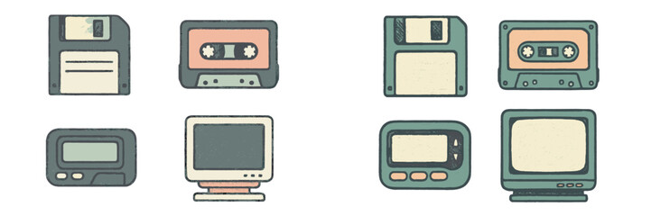 Vintage technology icons showing floppy disks, cassettes, and old monitors in flat design style