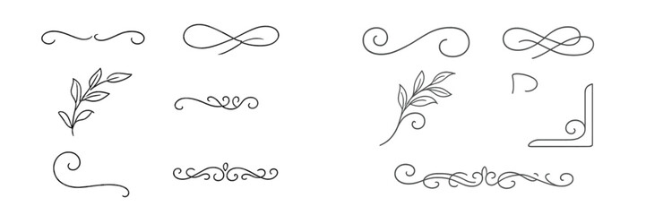 Decorative line elements for graphic design featuring floral and swirl patterns