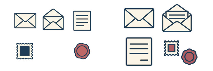 Different types of envelopes, letters, and seals arranged neatly on a light background for postal or stationery use