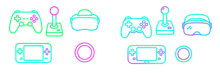 Variety of gaming controllers and devices displayed in vibrant colors showcasing modern and classic gaming technology