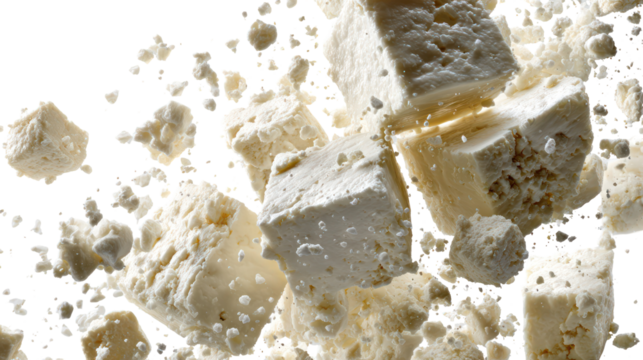 Crystals and powder suspended in mid air against a black background