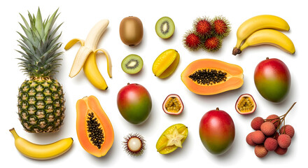 assortment of fresh tropical fruit on white background