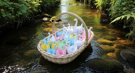 Fototapeta premium A wicker basket filled with colorful handcraft swans sits in a serene river surrounded by