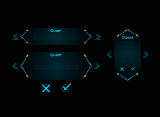 Futuristic Cyberpunk Quest Panel HUD UI Mission Log Window RPG Game Interface Neon Sci Fi Digital Frame Popup Overlay Screen Display with Confirm Cancel Yes No Button Navigation