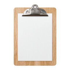 Wooden clipboard with blank white paper isolated on white background &ndash; office stationary, writing document mockup, business checklist, or design template.