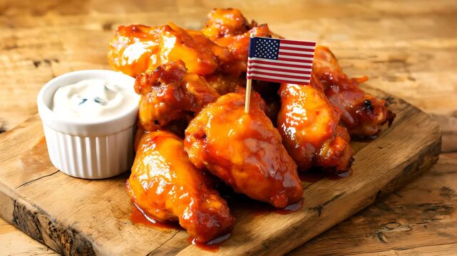 Cinematic video of buffalo chicken wings with spicy sauce on rustic wooden board, American flag toothpick decoration and ranch dip, authentic United States cuisine for sports bar, party and food comme