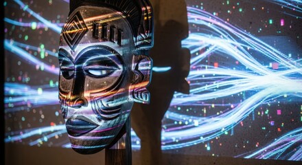 A colorful, handcrafted tribal mask with abstract, glowing lines and neon dots in the