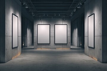 Empty gallery space with three blank canvases.  Modern, industrial feel