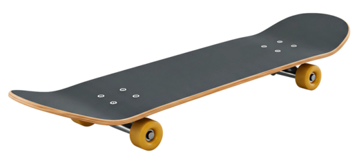 Classic wooden skateboard with black grip tape and yellow wheels isolated on transparent cutout background, cut out, png