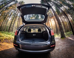 Fototapeta premium Adventure awaits as an open black SUV invites exploration through a sun-drenched forest pathway, ready for your next journey and memories.