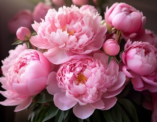 Luxurious bouquet of delicate pink peonies bursting with soft petals and vibrant green foliage, evoking romance and natural beauty in a close-up studio shot.
