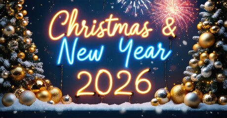 Festive image displays bright neon text Christmas New Year 2026 over snowy evergreen trees, fireworks visible. Celebratory design.