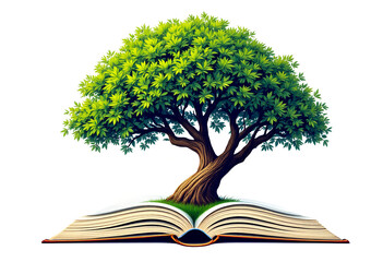 green tree growing from open book education concept