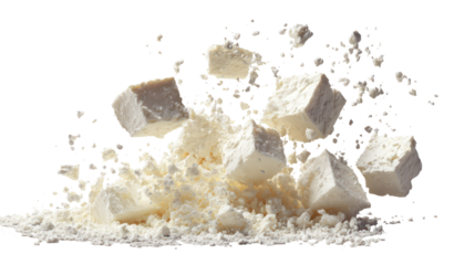 Explosion of white powder and chunks against a black background