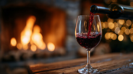 Close-up of red wine pouring into glass on wooden table, flickering fireplace in background, cozy cabin setting, warm winter evening atmosphere