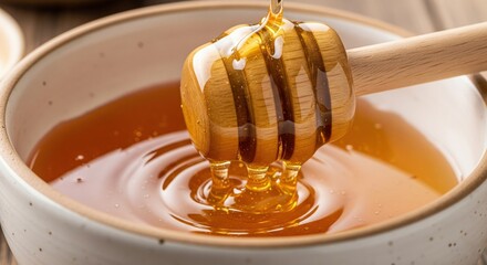 Close-up of dripping honey from a wooden dipper into a bowl filled with golden liquid, showcasing natural sweetness and healthy food concept for culinary use and breakfast delight