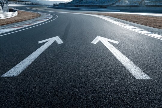 Asphalt racetrack with directional arrows.  Sunlight on the road