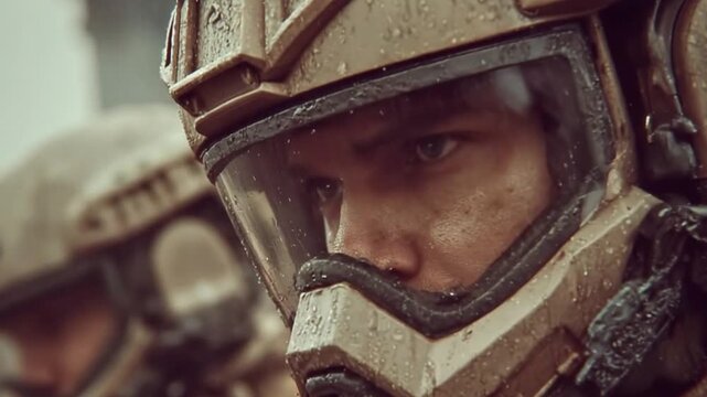 Intense soldier's focus in heavy combat gear, preparing for battle during a rainstorm