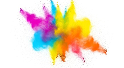 Explosion of vibrant colorful powder against a white background.