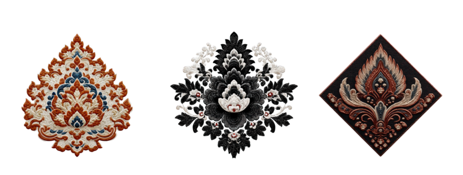 Intricate floral damask patterns isolated on transparent background