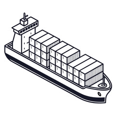 Stylized isometric line art illustration of a cargo ship loaded with shipping containers sailing on the sea