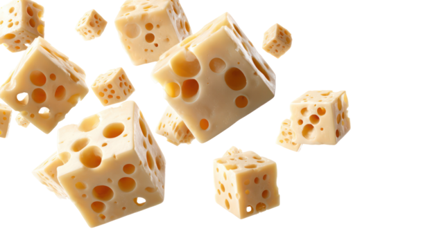 Delicious swiss cheese cubes floating against a dark background