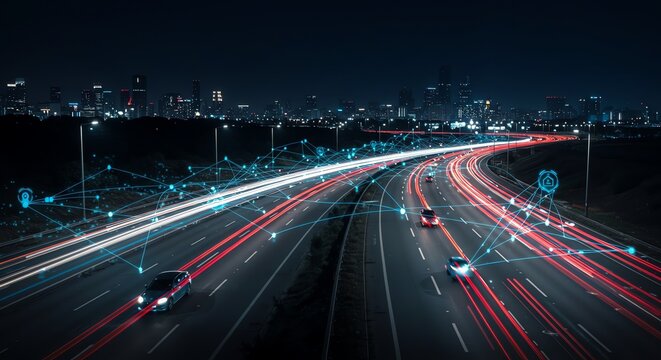 Connected Cars on Highway at Night Smart City Connectivity Network