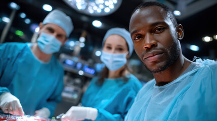 A diverse medical team captures a moment of focus, evaluating their patient with a sense of determination and care, highlighting the importance of teamwork in health services.
