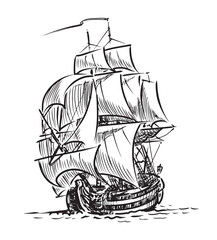 Sailing ship in sea, antique nautical vessel, sketch, vector outline hand drawn illustration isolated on white background