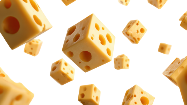Delicious swiss cheese cubes floating against a dark background