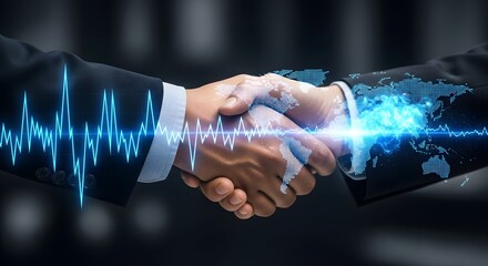 Business handshake with digital world map and data visualization