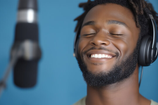 Smiling black man singer with headphones in recording studio enjoying music and singing passion