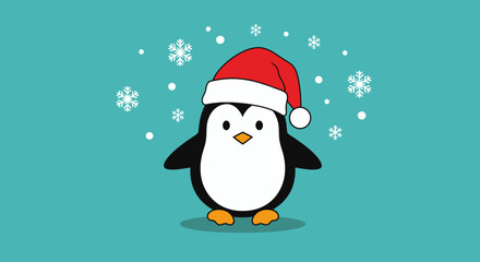 Festive Penguin Illustration Wearing Santa Hat Surrounded by Snowflakes and Turquoise Background