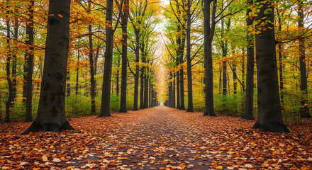 autumn forest path covered with fallen leaves