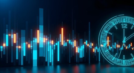 A digital illustration features a clock overlaid on a stock market graph, symbolizing time's impact on finance and trading.